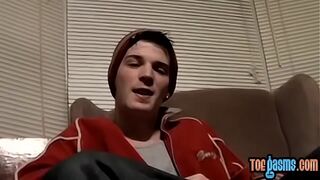 Foot fetish twink works on his fat cock until its cum time