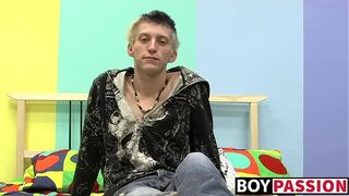 Skinny Ian jerks off his big cock after interview