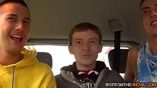 Schoolboy twink fucked and sucked in hardcore van threesome
