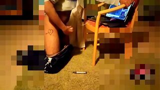 Cumshot while watching japanese porn