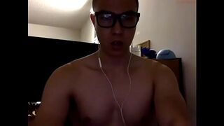 Horny Glasses Asian Cums in Bathroom