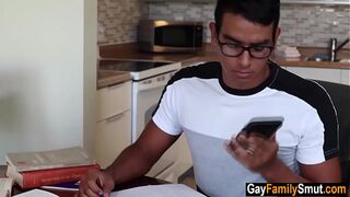 Evil step daddy comes to stepson's bedroom for blowjob
