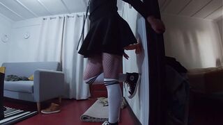 Boy in miniskirt starts as a beginner in anal fisting and introduces his new big dildos