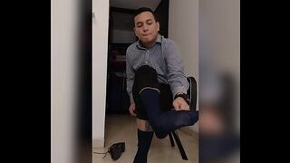 Colombian shows her sheer stockings after work, for worship