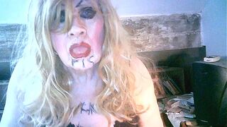 Filthy smoking pigslut Sarah humiliates herself by drinking own piss, wanking and penetrating her shit pipe cunt huge dildo