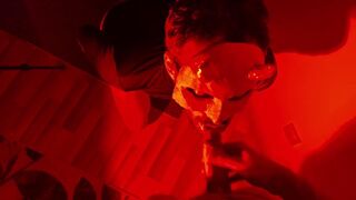 Slutty Halloween night. Hot deep blowjob from a bearded imp. Cum on face