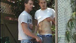 Horny twink bangs a man with tight asshole outdoor in doggy position