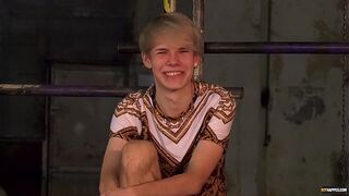 Blonde skinny twink tied up and waxed by his dominant master