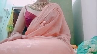 Indian Gay Crossdresser Bottom Gaurisissy milking her big boobs and fingering in her big ass in cream silky saree with heavy jwellery real xxx sex