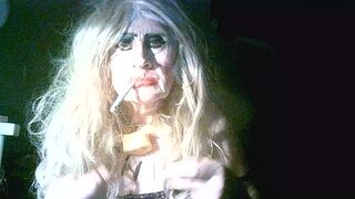 Shitcunt sissy pig Sarah Millward, smokes, wanks, fucks herself with 9" dildo, clamps nipples/tongue smashes creamy pie into face