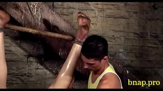 Excited homosexual enjoys bondage teasing