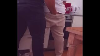 Roommate touches me and gets turned on and fucks me in the kitchen
