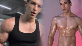 The gym employee looks at me while I flex in the dressing room role play show