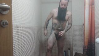Solo male. Bearded & tattooed bear in the shower