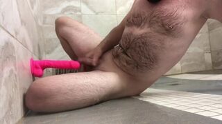 Solo Male Public Shower Masturbation With A Wall Suction Dildo For Added Fun While Doing Pushups