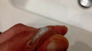 The Pig Shows You How Far the Cum in the Previous Video Splashed and His Big Cock Full of Semen