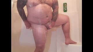 Beefy chubby bear soaps up beautiful cock and has moaning orgasm