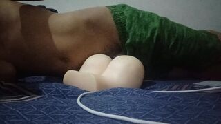 Doing phone sex and humping my fake pussy till I cummed hard.