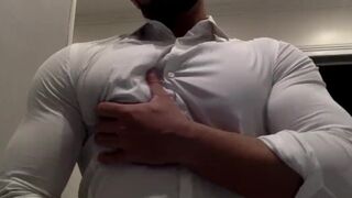 Ripping my white shirt while flexing my big muscle pecs and biceps