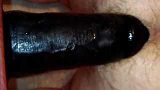 Watch me fuck my hairy ass doggie style with the 3 inch thick monster dildo