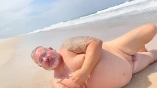 Old fat grey haired man has naked day and cums big at the beach