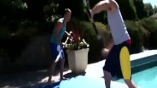Gay Muscular Jocks Sword Fighting By The Pool