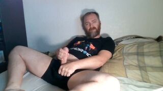 Scruffy dude jerks off to porn, sniffs underwear, & eats his own load