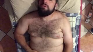 Big hairy bearded bear horny on the bed solo jerk off moaning a lot. Orgasm face. Beautiful Agony