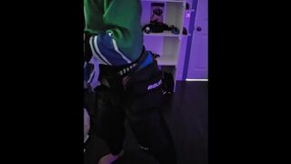 Jerk off and cum in full hockey gear