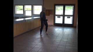 leather & pantyhose then in a wetsuit jerking off at door