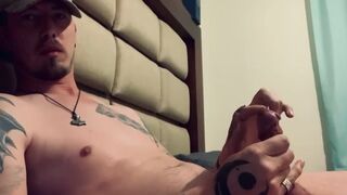 Tattooed Cowboy solo masturbate big cock until cum