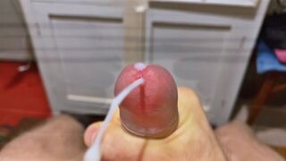 Cumming in close-up with a massive portion of cum in slow motion / Big Uncut Veiny Cock / Pissing