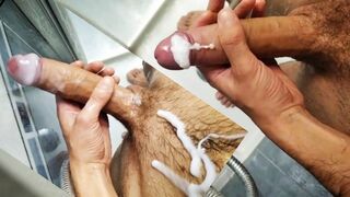 Jerking Big Cock in Shower, Cream Baths Cock and Squirting on Feet