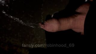 Horny piss outdoor during night. From foreskin uncut cock