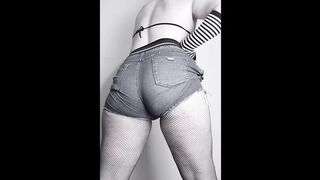 Fat ass goth sissy try his new jeans shorts and Yoga pants