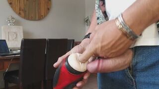 watching porn and milking my big cock with a pussy pocket