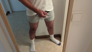 horny guy in white socks jacking off his cock, loud moaning