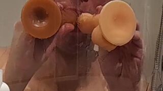 cheating husband in threesome with white cock and bbc stranger under shower at dildo tryout