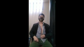 Guy with gremlin mask plays with his huge long dick