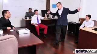 Lucky Guy Gets Cock Sucked By Two Studs In Office