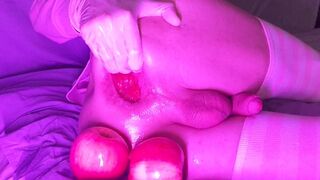 Sissy femboy fisting and gape, 2 juicy apples in my lubed open asshole