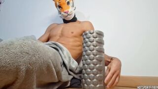 Sexy Fitness God Humps Massage Roller, Moans Loudly, and Explodes with His big Cock - Hotsportfitboy