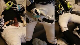 A baseball player with a nipple morro feeling socks masturbates with big football spikes