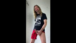 Longhairdude shoots big load in red Adidas short, Quiksilver tshirt