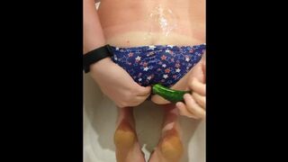 Stretching my anus with a cucumber in my new panties. Lots of lube