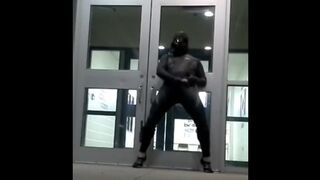 lubed rubber man cums in front of doors