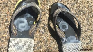 Neighbour fucking ejaculated into my flip flops! - Cum foot fetish